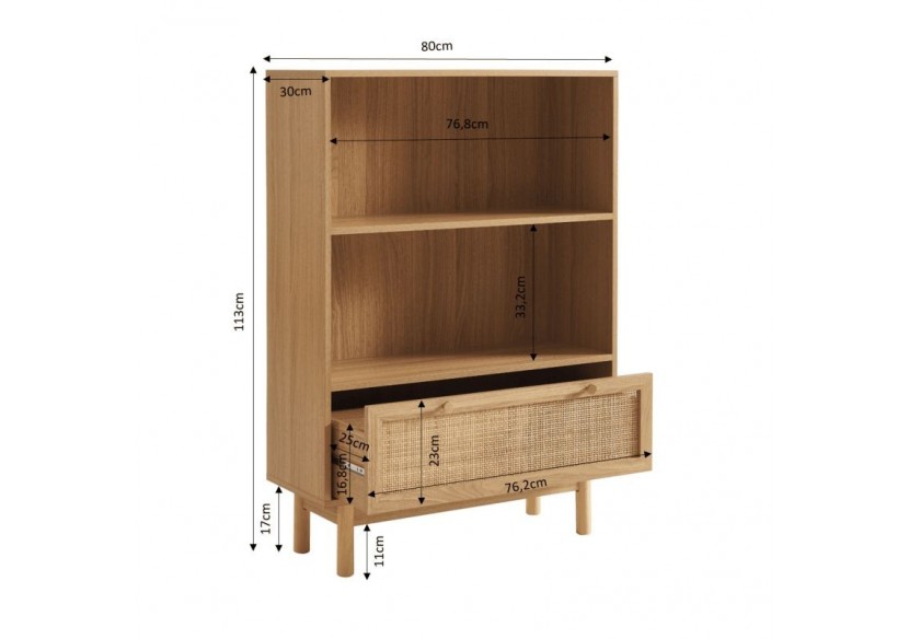Bibliothèque HELENA effet chêne et cannage rotin 80cm