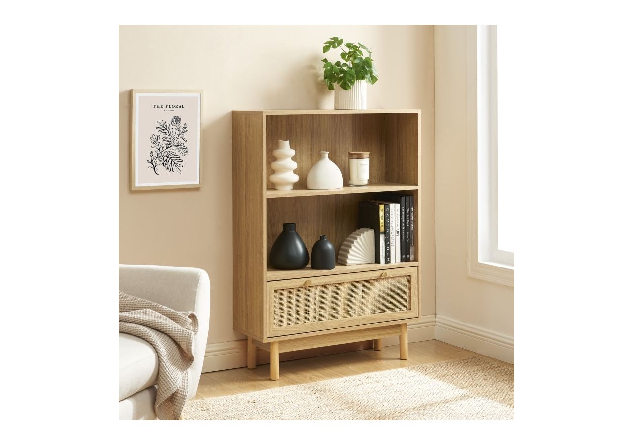 Bibliothèque HELENA effet chêne et cannage rotin 80cm
