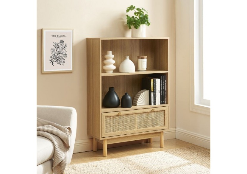 Bibliothèque HELENA effet chêne et cannage rotin 80cm
