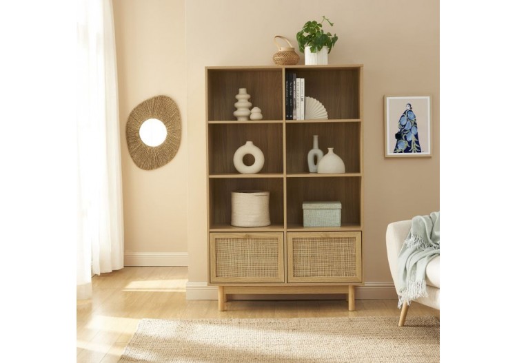 Bibliothèque HELENA effet chêne et cannage rotin 100cm 2