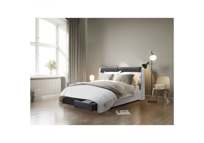 Lit à tiroirs IMAGINA simili blanc et noir 140x190 sommier inclus