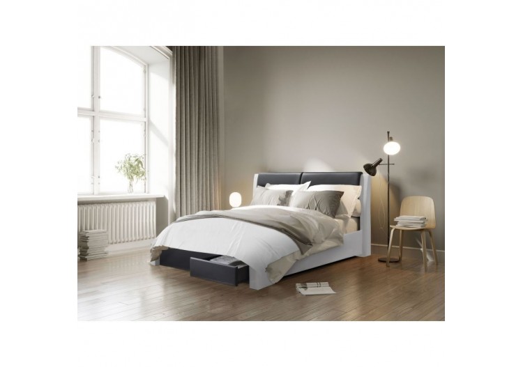 Lit à tiroirs IMAGINA simili blanc et noir 160x200 sommier inclus 2