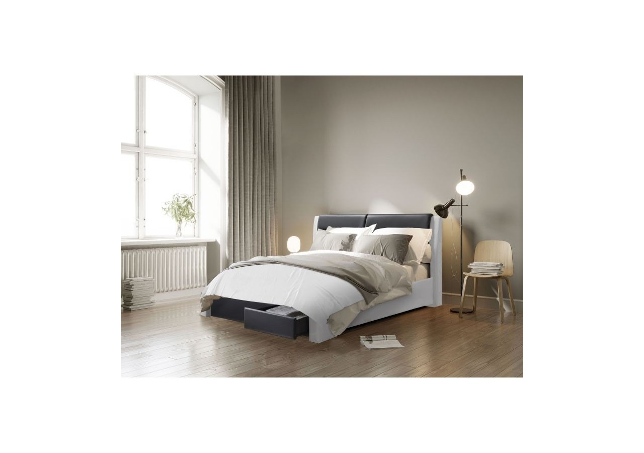 Lit à tiroirs IMAGINA simili blanc et noir 180x200 sommier inclus