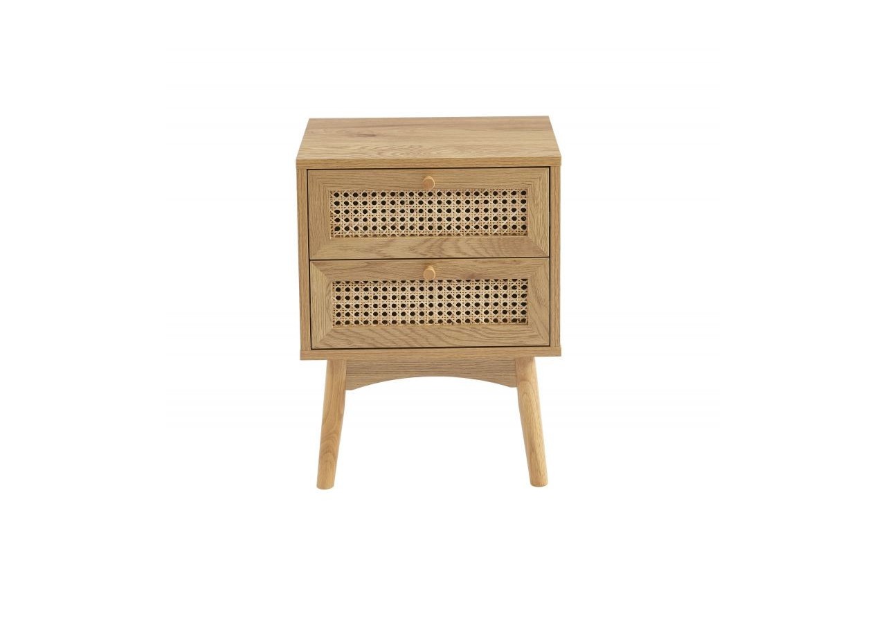 Table de chevet INES effet chêne et cannage rotin 2 tiroirs
