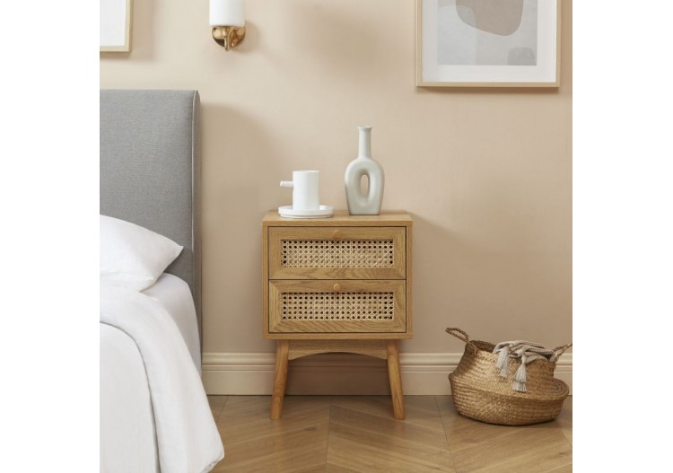 Table de chevet INES effet chêne et cannage rotin 2 tiroirs 2