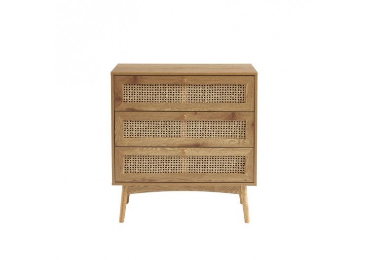 Commode INES effet chêne et cannage rotin 3 tiroirs