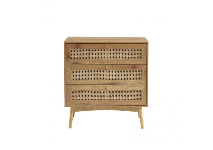 Commode INES effet chêne et cannage rotin 3 tiroirs