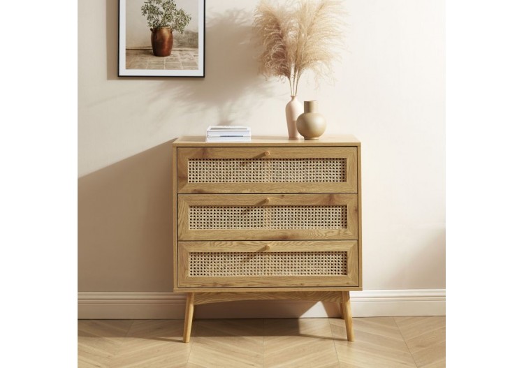Commode INES effet chêne et cannage rotin 3 tiroirs 2