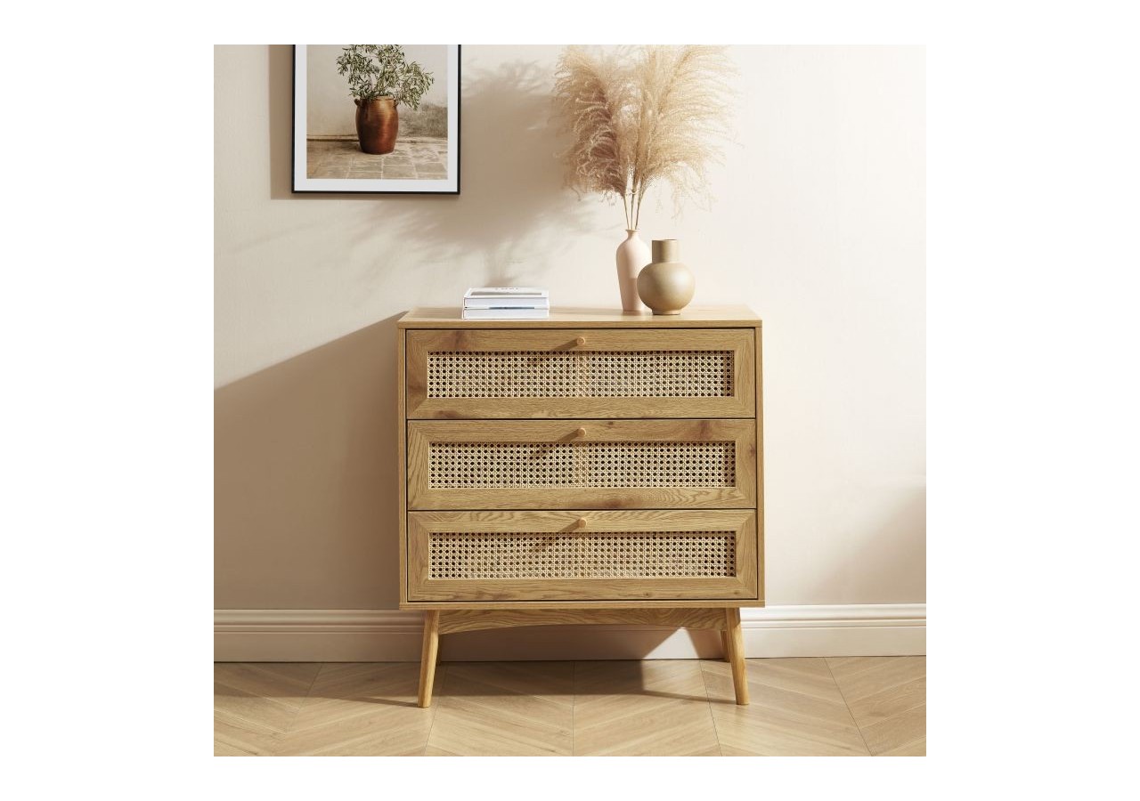 Commode INES effet chêne et cannage rotin 3 tiroirs