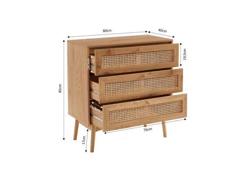 Commode INES effet chêne et cannage rotin 3 tiroirs