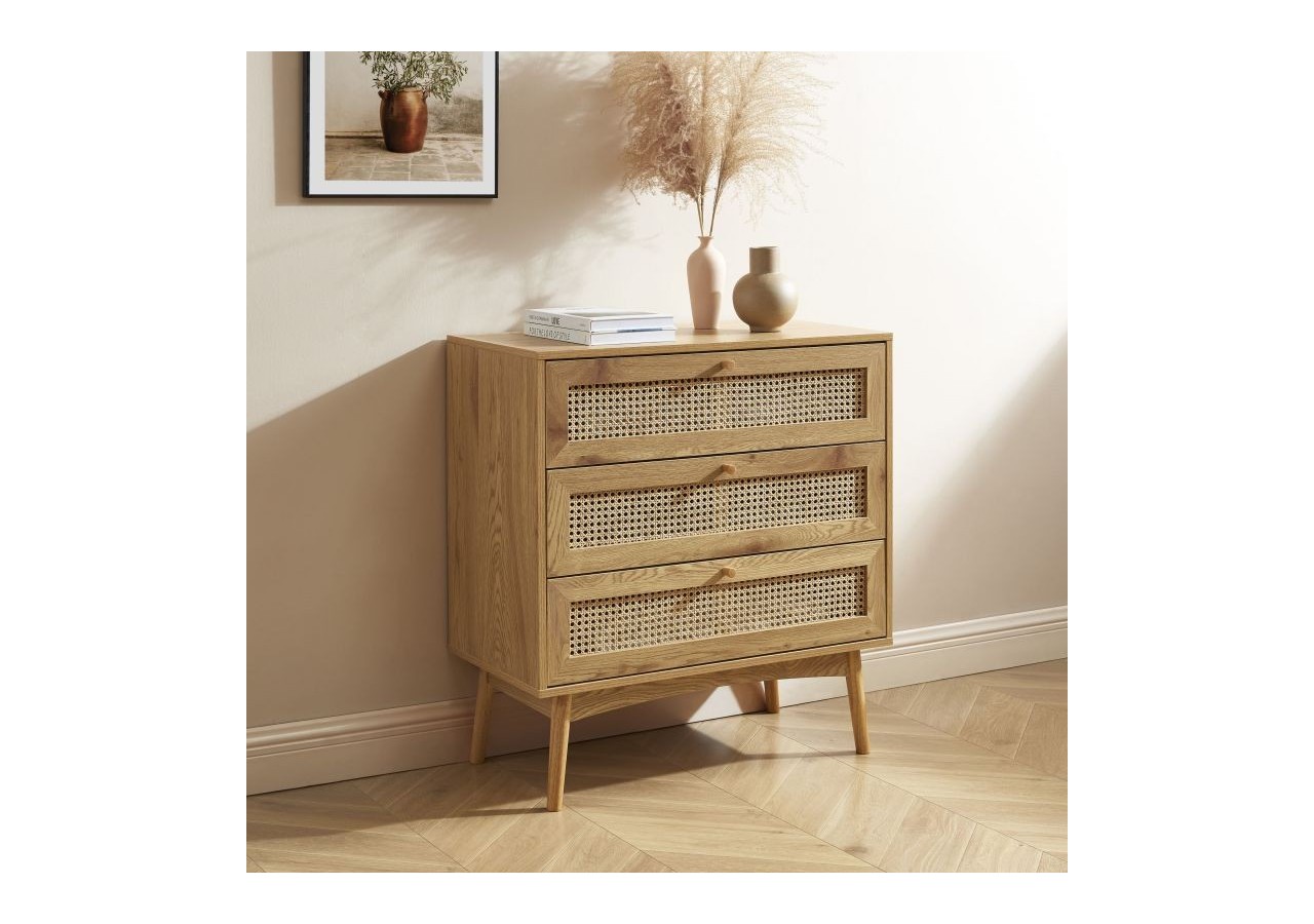 Commode INES effet chêne et cannage rotin 3 tiroirs