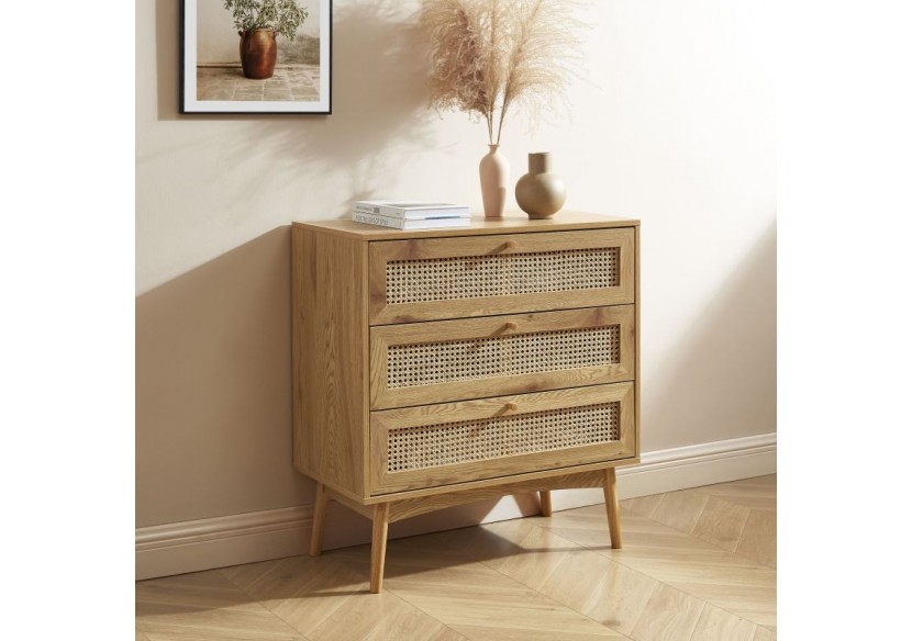 Commode INES effet chêne et cannage rotin 3 tiroirs