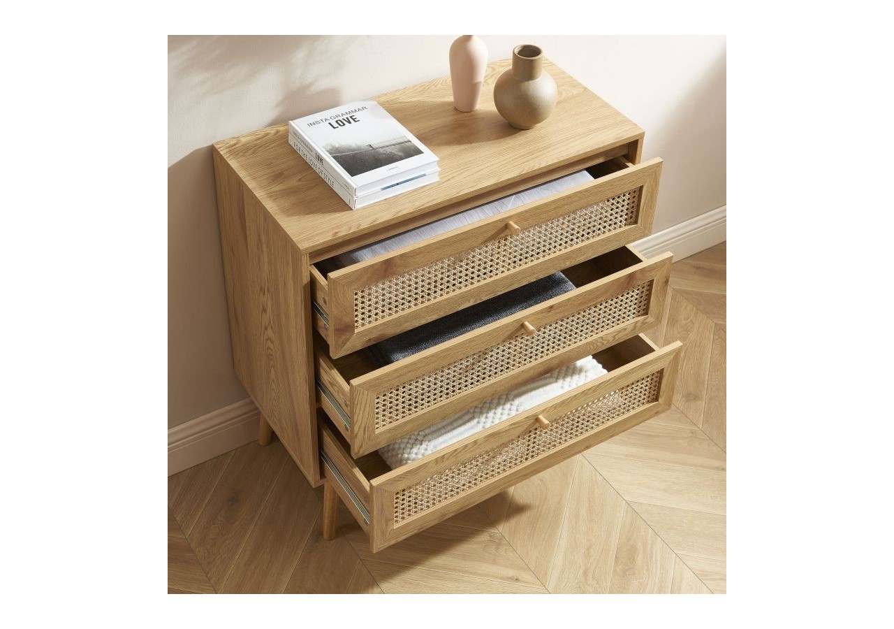 Commode INES effet chêne et cannage rotin 3 tiroirs