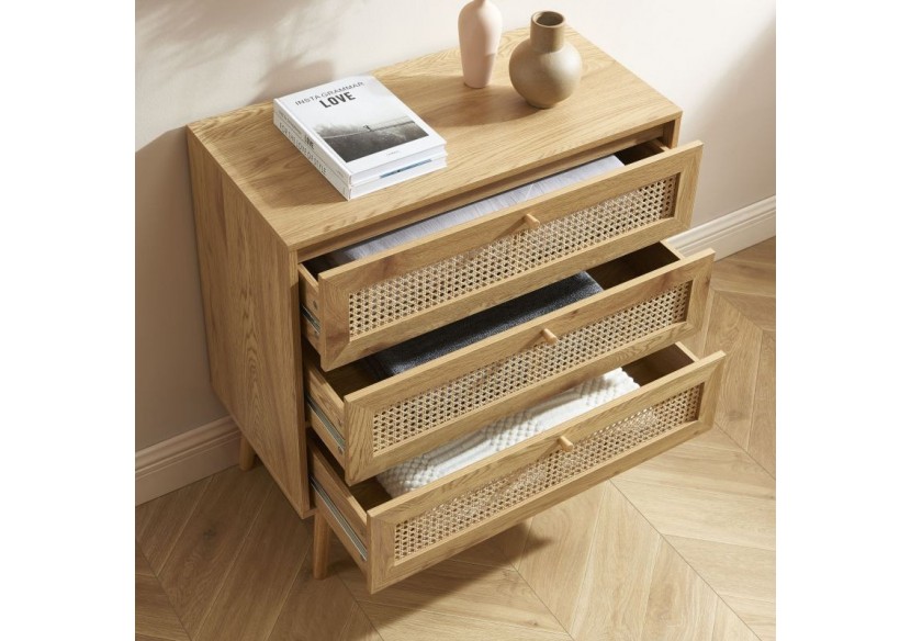Commode INES effet chêne et cannage rotin 3 tiroirs