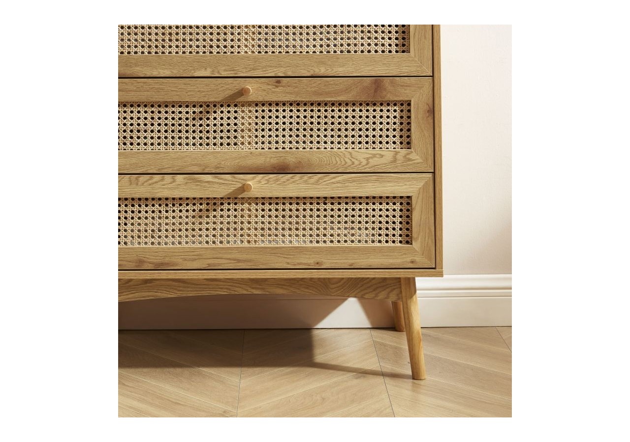 Commode INES effet chêne et cannage rotin 3 tiroirs