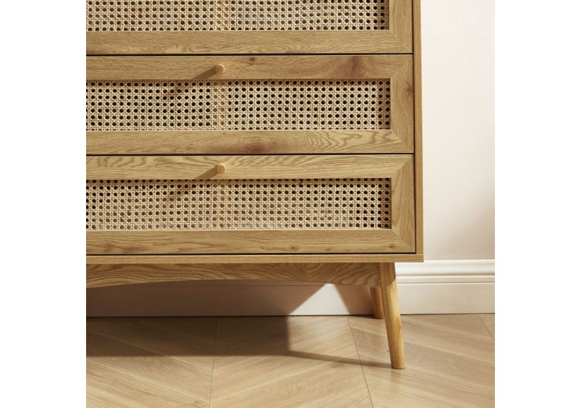 Commode INES effet chêne et cannage rotin 3 tiroirs