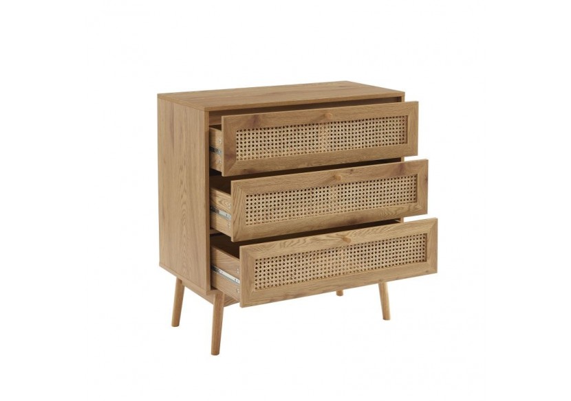 Commode INES effet chêne et cannage rotin 3 tiroirs