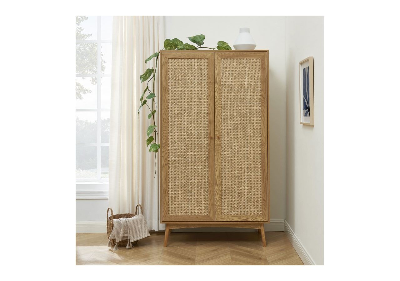 Armoire INES effet chêne et cannage rotin 2 portes
