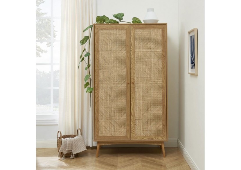 Armoire INES effet chêne et cannage rotin 2 portes