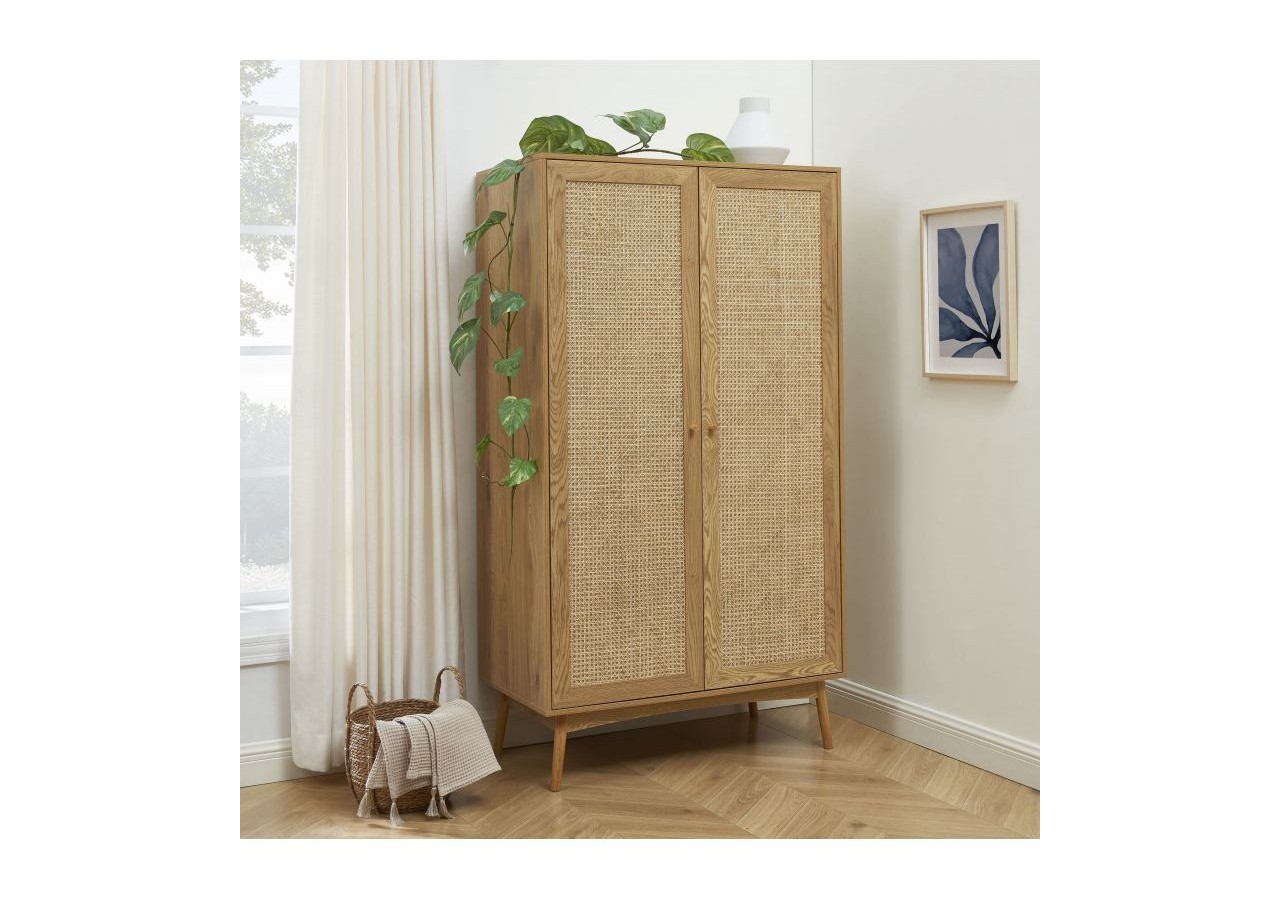 Armoire INES effet chêne et cannage rotin 2 portes