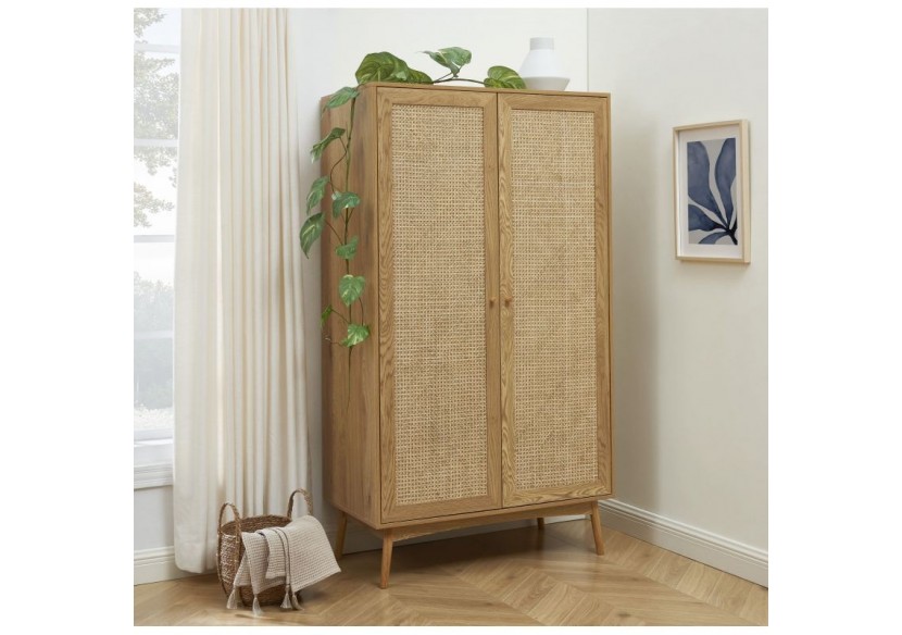 Armoire INES effet chêne et cannage rotin 2 portes