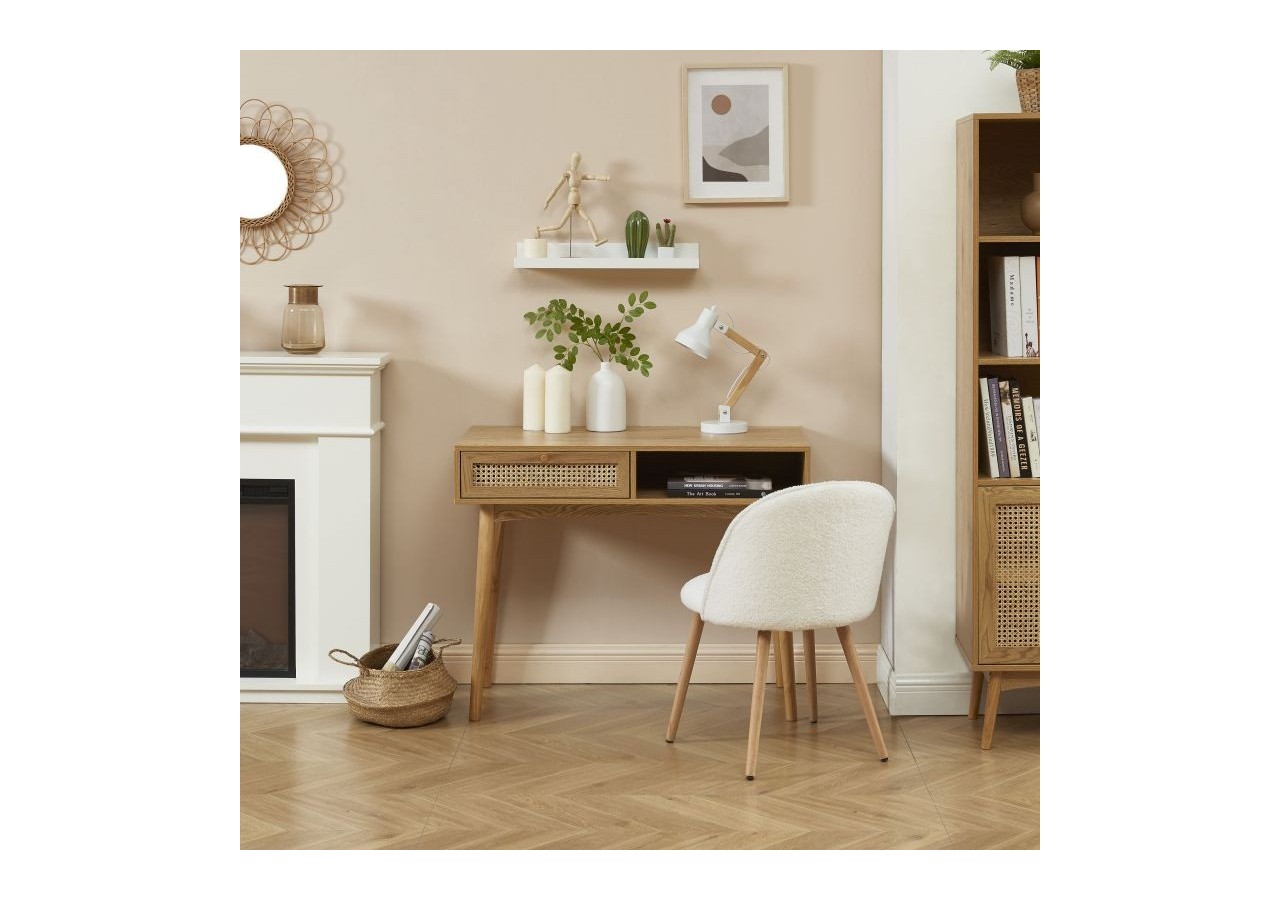 Bureau INES effet chêne et cannage rotin 1 tiroir