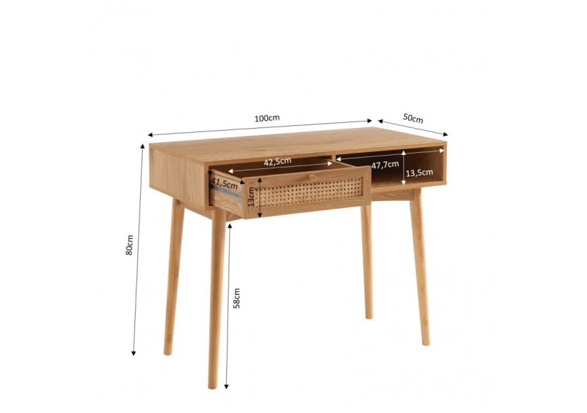 Bureau INES effet chêne et cannage rotin 1 tiroir