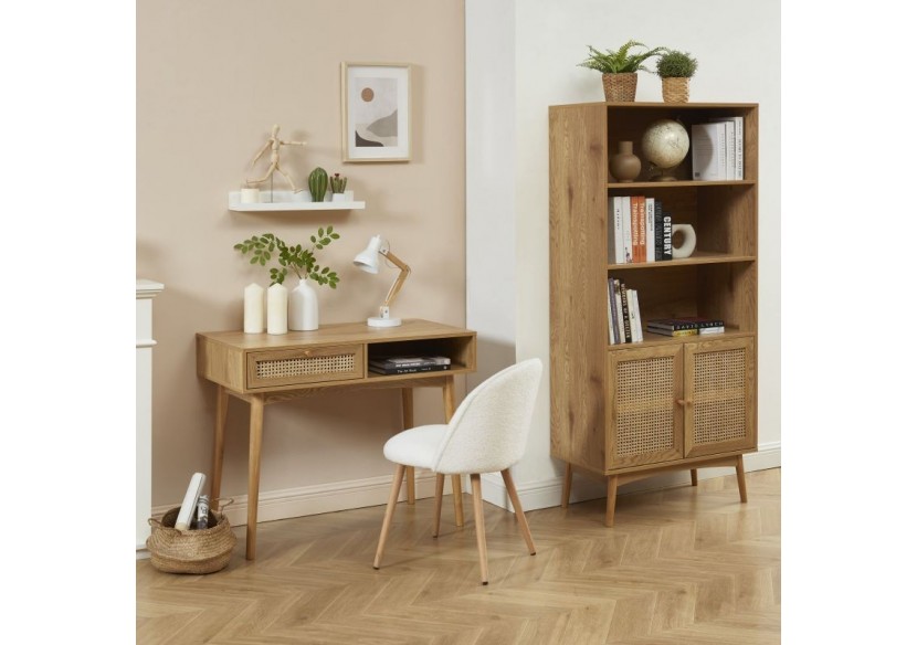 Bureau INES effet chêne et cannage rotin 1 tiroir