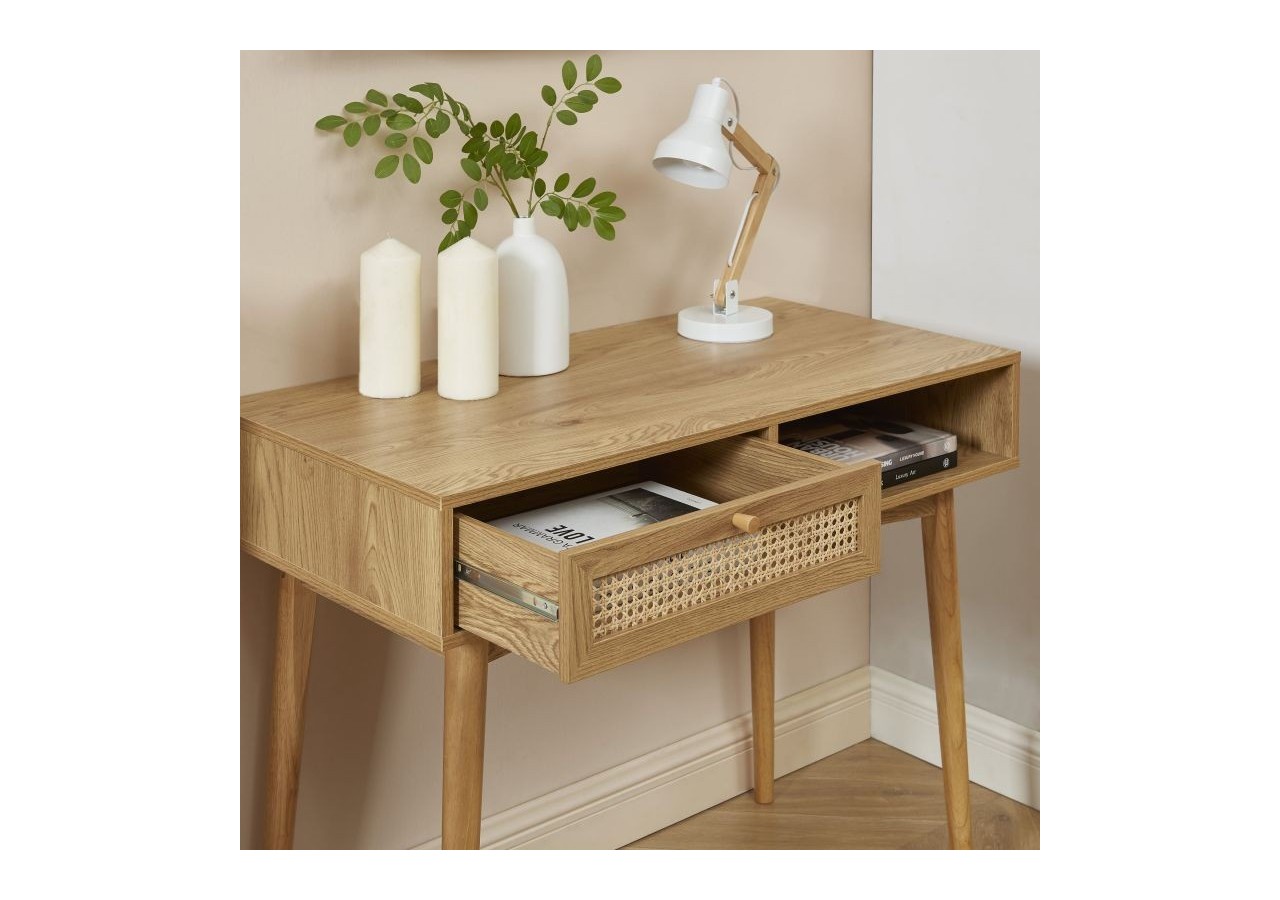 Bureau INES effet chêne et cannage rotin 1 tiroir