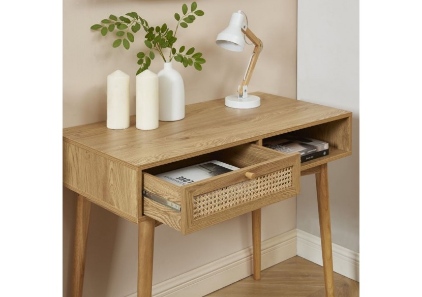 Bureau INES effet chêne et cannage rotin 1 tiroir
