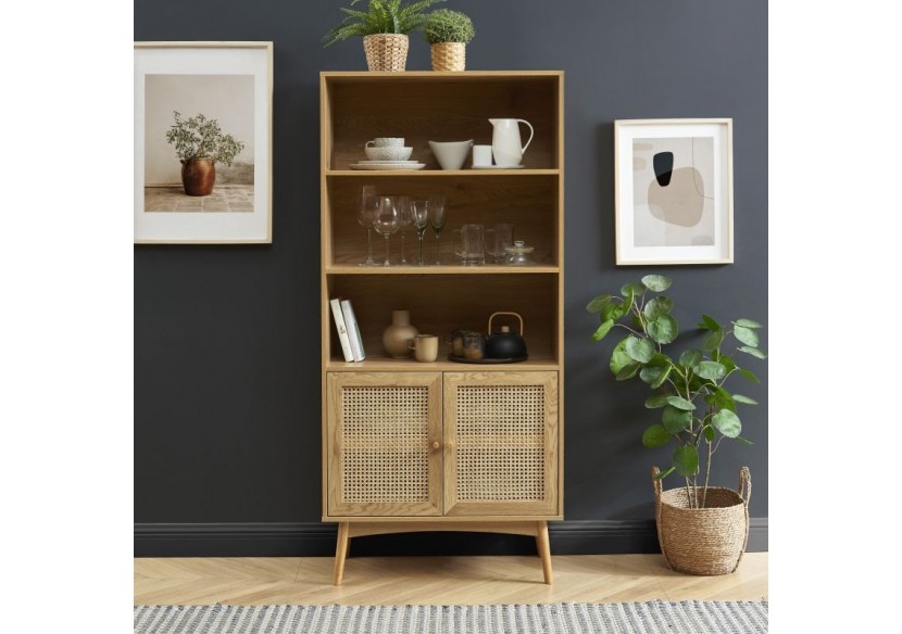 Bibliothèque INES effet chêne et cannage rotin