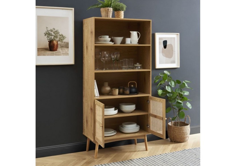 Bibliothèque INES effet chêne et cannage rotin