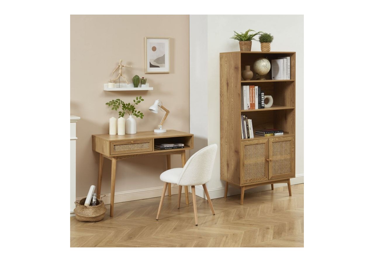 Bibliothèque INES effet chêne et cannage rotin