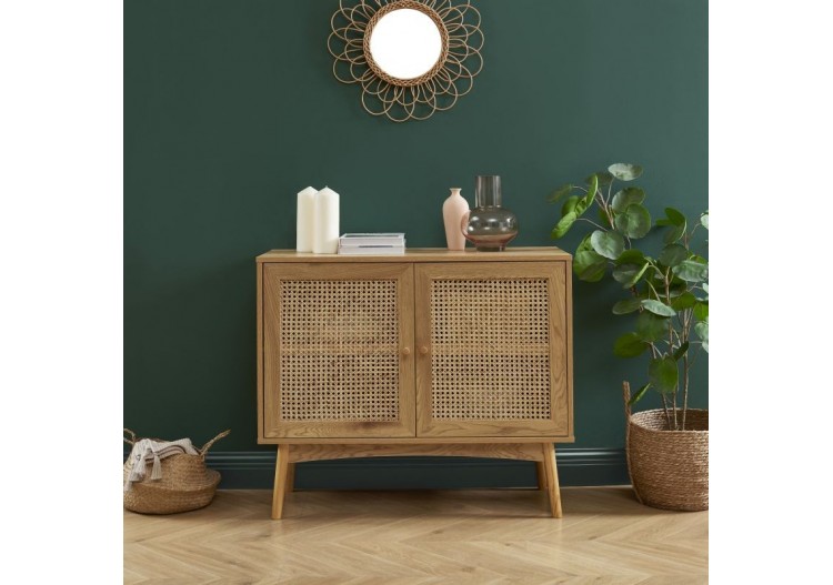 Buffet INES effet chêne et cannage rotin l90cm 2