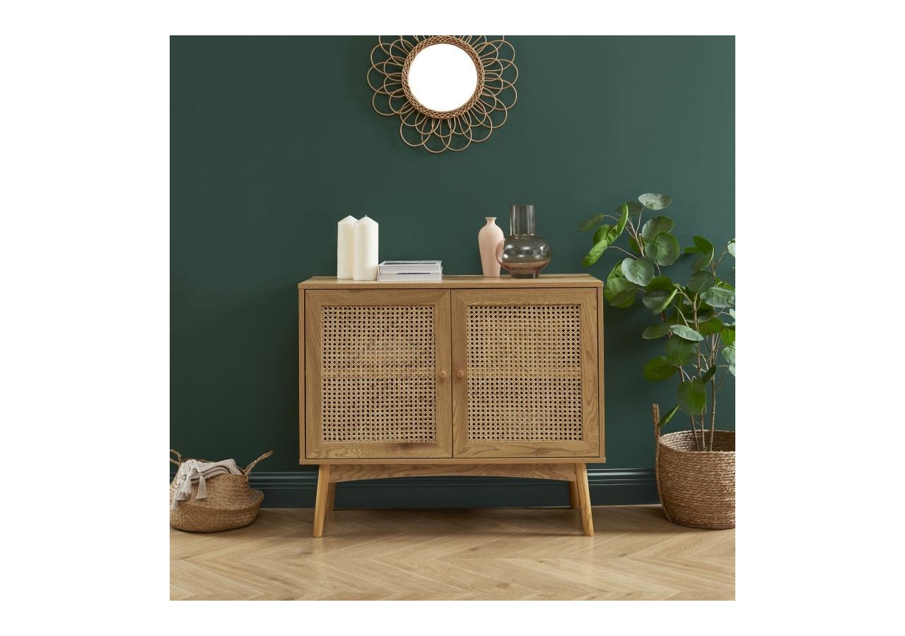 Buffet INES effet chêne et cannage rotin l90cm
