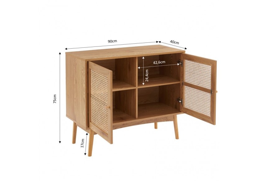 Buffet INES effet chêne et cannage rotin l90cm