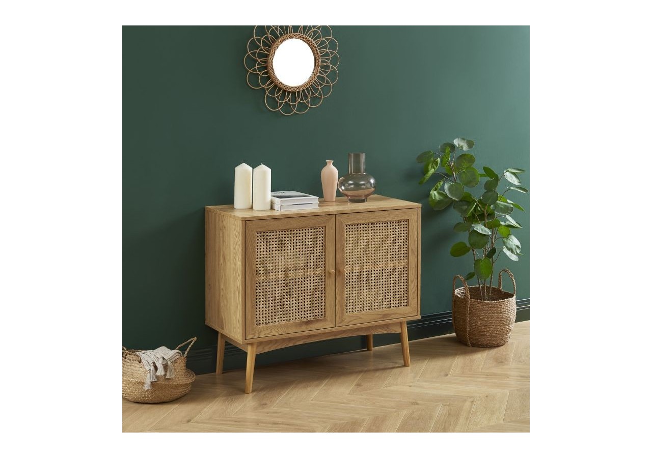 Buffet INES effet chêne et cannage rotin l90cm
