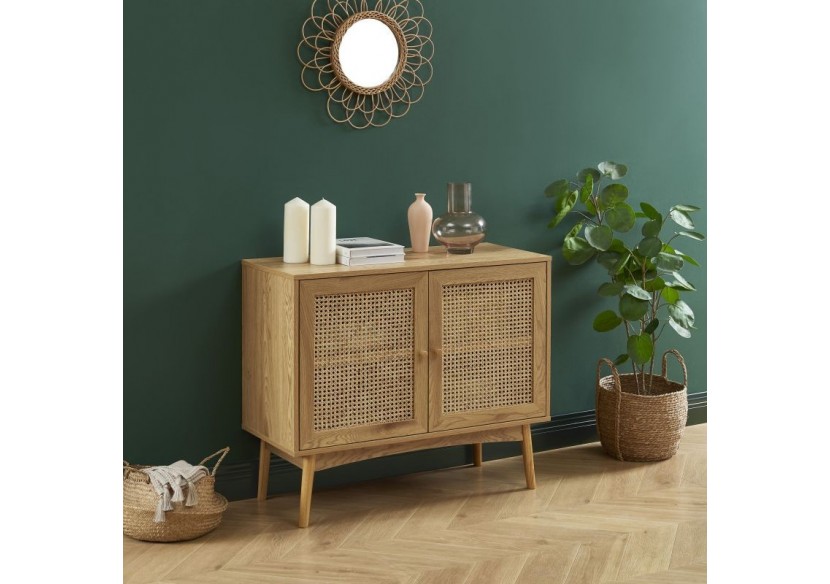 Buffet INES effet chêne et cannage rotin l90cm