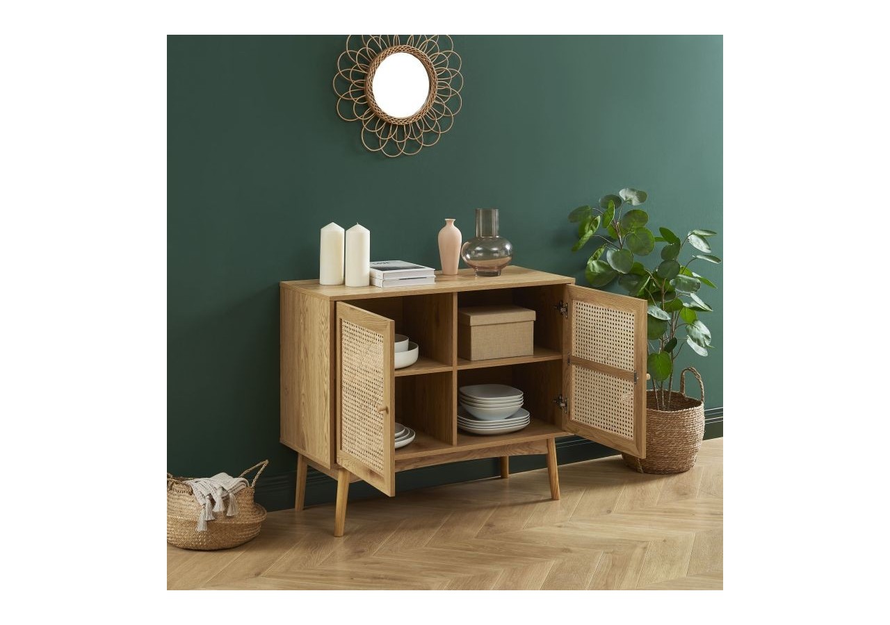 Buffet INES effet chêne et cannage rotin l90cm