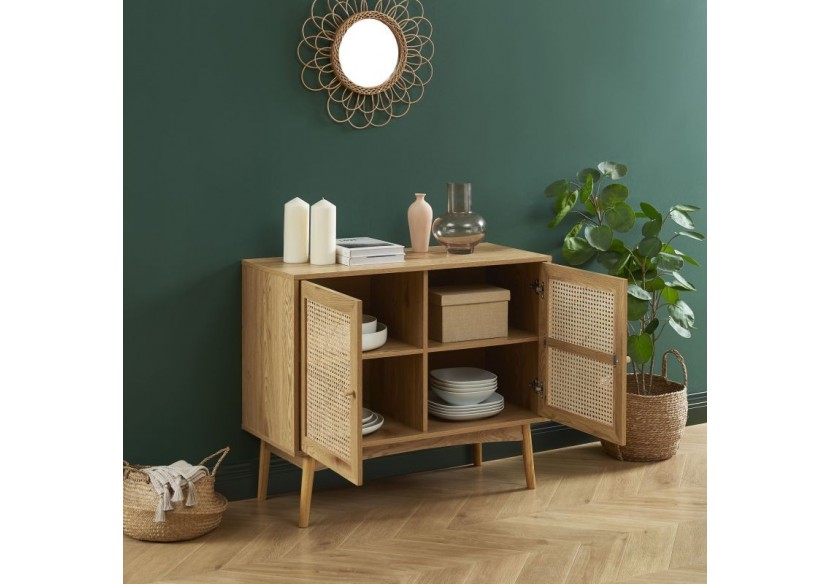 Buffet INES effet chêne et cannage rotin l90cm