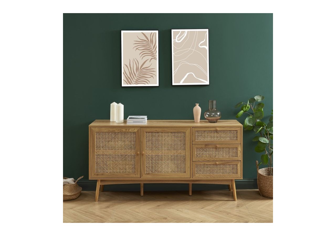 Buffet INES effet chêne et cannage rotin l150cm