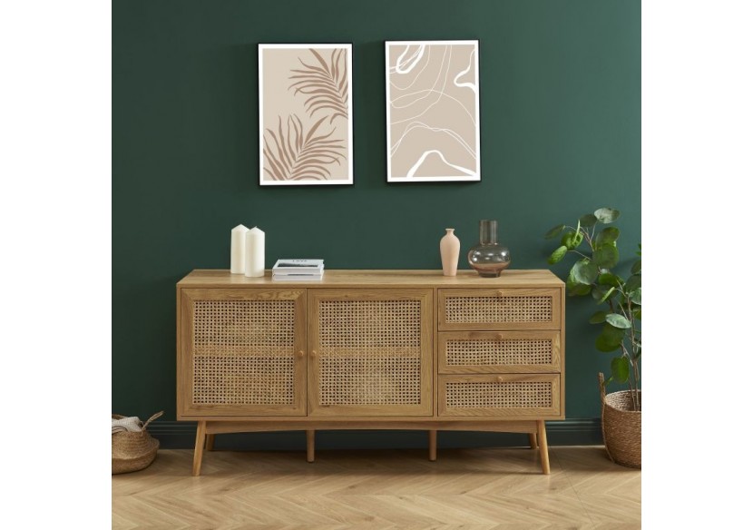 Buffet INES effet chêne et cannage rotin l150cm
