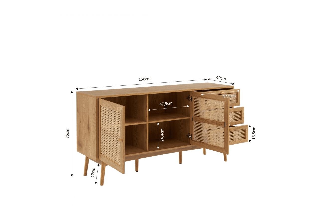 Buffet INES effet chêne et cannage rotin l150cm