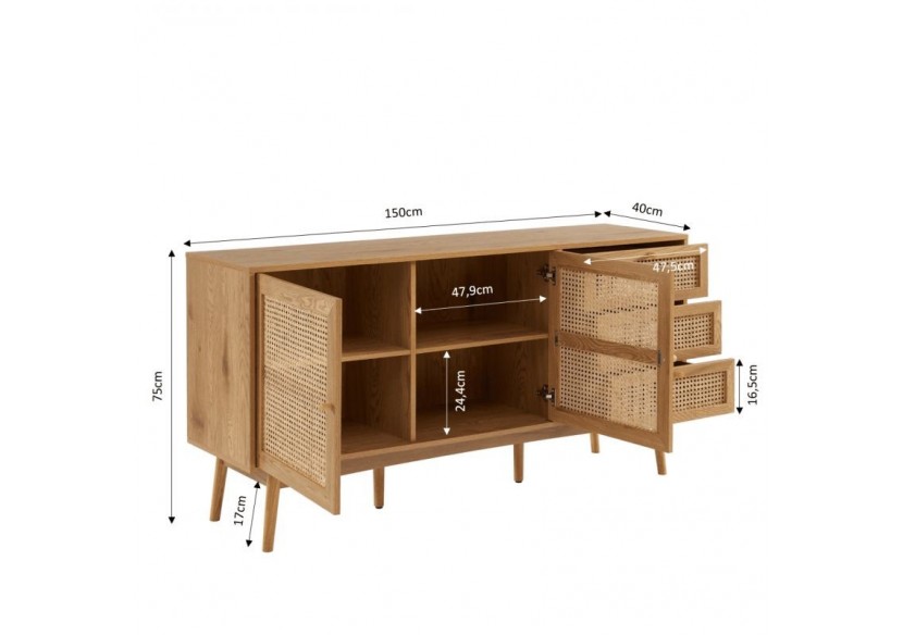Buffet INES effet chêne et cannage rotin l150cm