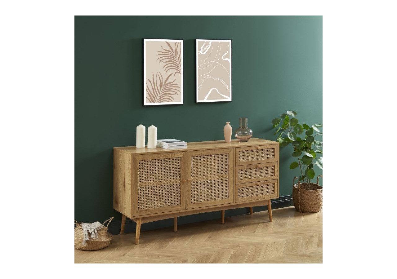 Buffet INES effet chêne et cannage rotin l150cm