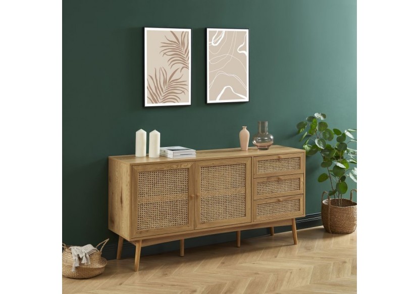 Buffet INES effet chêne et cannage rotin l150cm