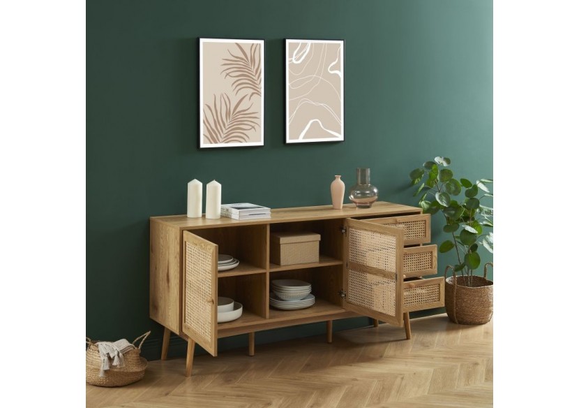 Buffet INES effet chêne et cannage rotin l150cm