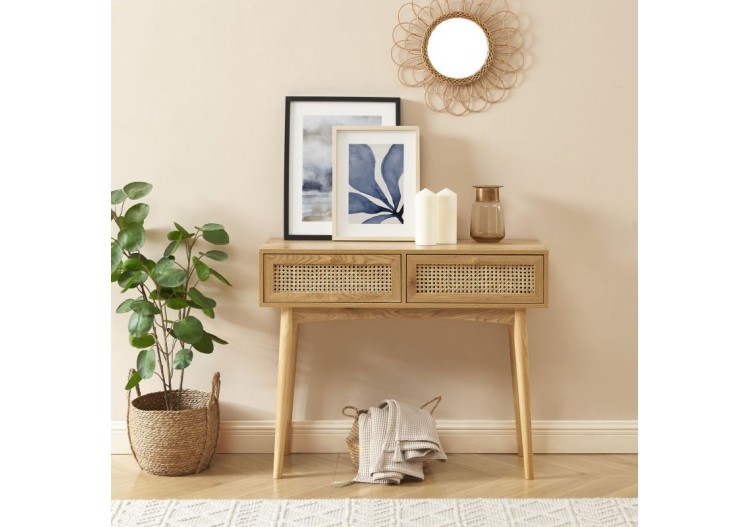 Console INES effet chêne et cannage rotin 2 tiroirs 2