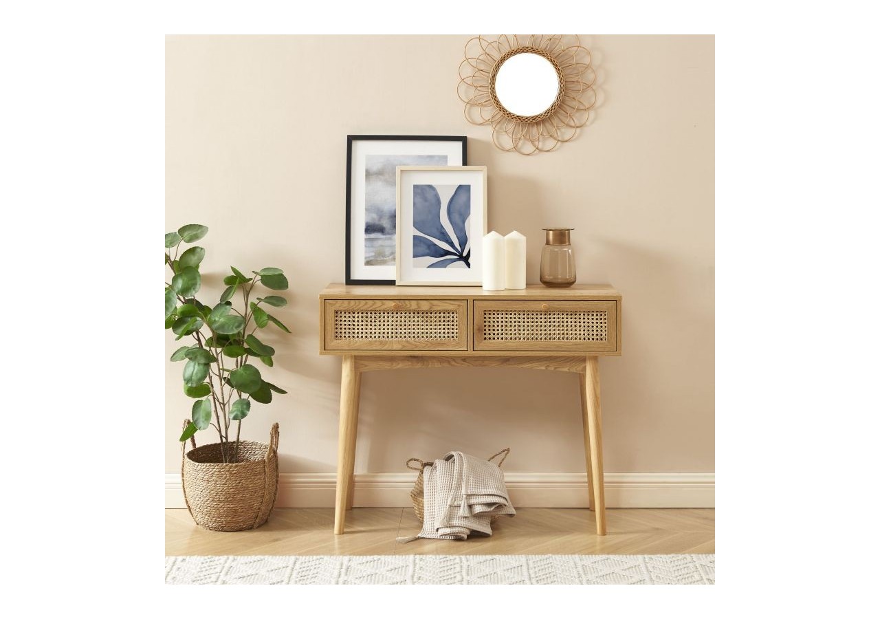 Console INES effet chêne et cannage rotin 2 tiroirs