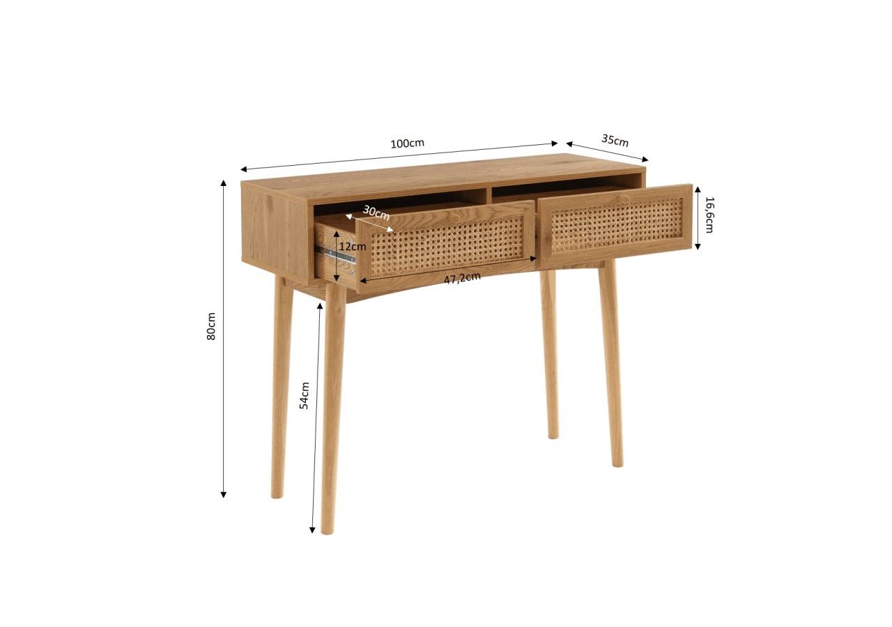 Console INES effet chêne et cannage rotin 2 tiroirs